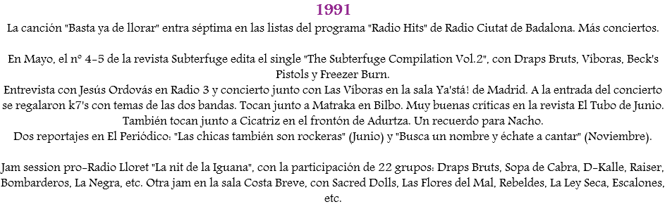 1991
La canción "Basta ya de llorar" entra séptima en las listas del programa "Radio Hits" de Radio Ciutat de Badalona. Más conciertos. En Mayo, el nº 4-5 de la revista Subterfuge edita el single "The Subterfuge Compilation Vol.2", con Draps Bruts, Víboras, Beck's Pistols y Freezer Burn.
Entrevista con Jesús Ordovás en Radio 3 y concierto junto con Las Víboras en la sala Ya'stá! de Madrid. A la entrada del concierto se regalaron k7's con temas de las dos bandas. Tocan junto a Matraka en Bilbo. Muy buenas críticas en la revista El Tubo de Junio. También tocan junto a Cicatriz en el frontón de Adurtza. Un recuerdo para Nacho.
Dos reportajes en El Periódico: "Las chicas también son rockeras" (Junio) y "Busca un nombre y échate a cantar" (Noviembre). Jam session pro-Radio Lloret "La nit de la Iguana", con la participación de 22 grupos: Draps Bruts, Sopa de Cabra, D-Kalle, Raiser, Bombarderos, La Negra, etc. Otra jam en la sala Costa Breve, con Sacred Dolls, Las Flores del Mal, Rebeldes, La Ley Seca, Escalones, etc.